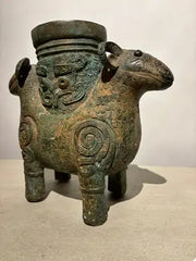 Archaistic Shang Style Verdigris Bronze 'Double-Ram' Vessel, Zun Circa 1900