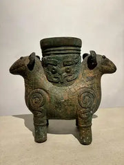 Archaistic Shang Style Verdigris Bronze 'Double-Ram' Vessel, Zun Circa 1900