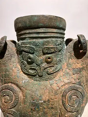 Archaistic Shang Style Verdigris Bronze 'Double-Ram' Vessel, Zun Circa 1900