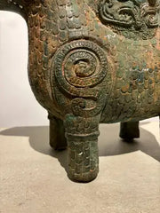 Archaistic Shang Style Verdigris Bronze 'Double-Ram' Vessel, Zun Circa 1900