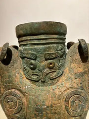 Archaistic Shang Style Verdigris Bronze 'Double-Ram' Vessel, Zun Circa 1900