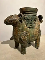 Archaistic Shang Style Verdigris Bronze 'Double-Ram' Vessel, Zun Circa 1900