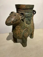 Archaistic Shang Style Verdigris Bronze 'Double-Ram' Vessel, Zun Circa 1900