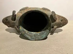 Archaistic Shang Style Verdigris Bronze 'Double-Ram' Vessel, Zun Circa 1900