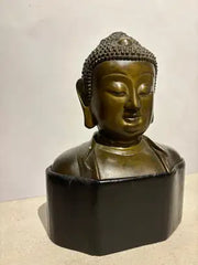 19th Century Bronze Bust of Buddha on a Wooden Base