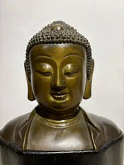 19th Century Bronze Bust of Buddha on a Wooden Base