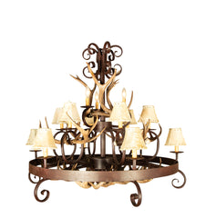 Wrought Iron and Antler 15 Light Chandelier With Rawhide Shades