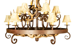 Wrought Iron and Antler 15 Light Chandelier With Rawhide Shades