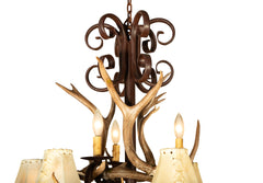 Wrought Iron and Antler 15 Light Chandelier With Rawhide Shades