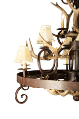 Wrought Iron and Antler 15 Light Chandelier With Rawhide Shades