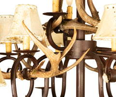 Wrought Iron and Antler 15 Light Chandelier With Rawhide Shades