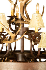 Wrought Iron and Antler 15 Light Chandelier With Rawhide Shades