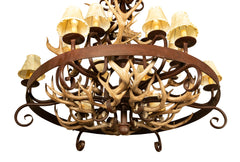 Wrought Iron and Antler 15 Light Chandelier With Rawhide Shades