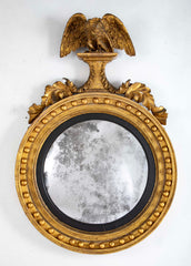 19th Century English Regency Gilt Wood Convex Mirror with Carved Eagle