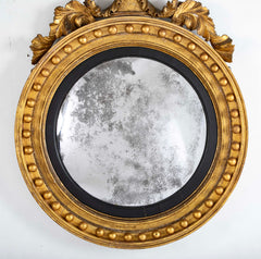 19th Century English Regency Gilt Wood Convex Mirror with Carved Eagle