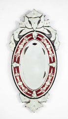 Venetian Etched Red and Silver Glass Rococo Oval Mirror