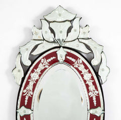 Venetian Etched Red and Silver Glass Rococo Oval Mirror