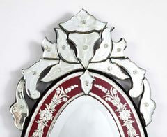 Venetian Etched Red and Silver Glass Rococo Oval Mirror