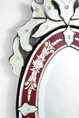 Venetian Etched Red and Silver Glass Rococo Oval Mirror