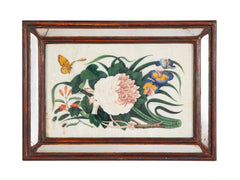 Chinese Pith Paintings of Flowers & Butterflies in Silver Gilt Mirror Frames