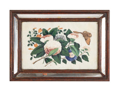 Chinese Pith Paintings of Flowers & Butterflies in Silver Gilt Mirror Frames