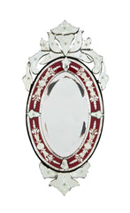 Venetian Etched Red and Silver Glass Rococo Oval Mirror