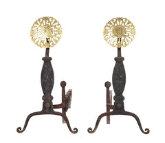 A Set of Heavy Iron Andirons with Pierced Brass Medallions