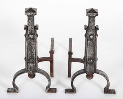 A Pair of Heavy Arts & Crafts Period Wrought Iron Andirons