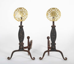 A Set of Heavy Iron Andirons with Pierced Brass Medallions