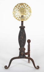 A Set of Heavy Iron Andirons with Pierced Brass Medallions