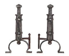 A Pair of Heavy Arts & Crafts Period Wrought Iron Andirons