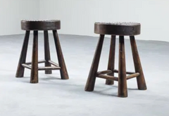 Pair of Stylized  Rustic Oak and Leather Stools