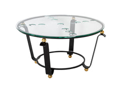 Iron & Brass Ball Dimple Glass Top Table in Manner of Jean Royere