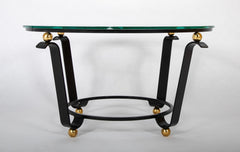 Iron & Brass Ball Dimple Glass Top Table in Manner of Jean Royere