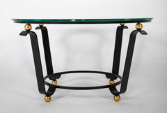 Iron & Brass Ball Dimple Glass Top Table in Manner of Jean Royere