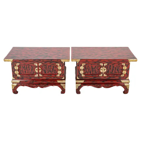 Pair Japanese Red & Black Lacquer Side Tables with Etched Brass Mounts