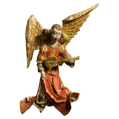 Italian Baroque Painted and Gilt Wood Winged Angel Playing a Violin