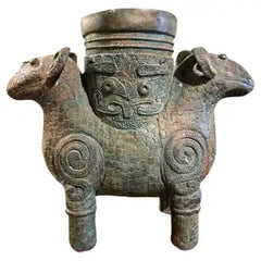 Archaistic Shang Style Verdigris Bronze 'Double-Ram' Vessel, Zun Circa 1900