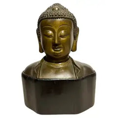 19th Century Bronze Bust of Buddha on a Wooden Base