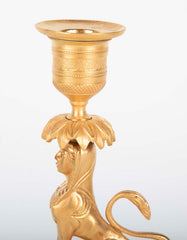 Gilt Sphinx Themed Candlestick on a Stepped Marble Base