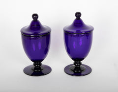 Pair of English Regency Cobalt Blue Blown Glass Covered Urns