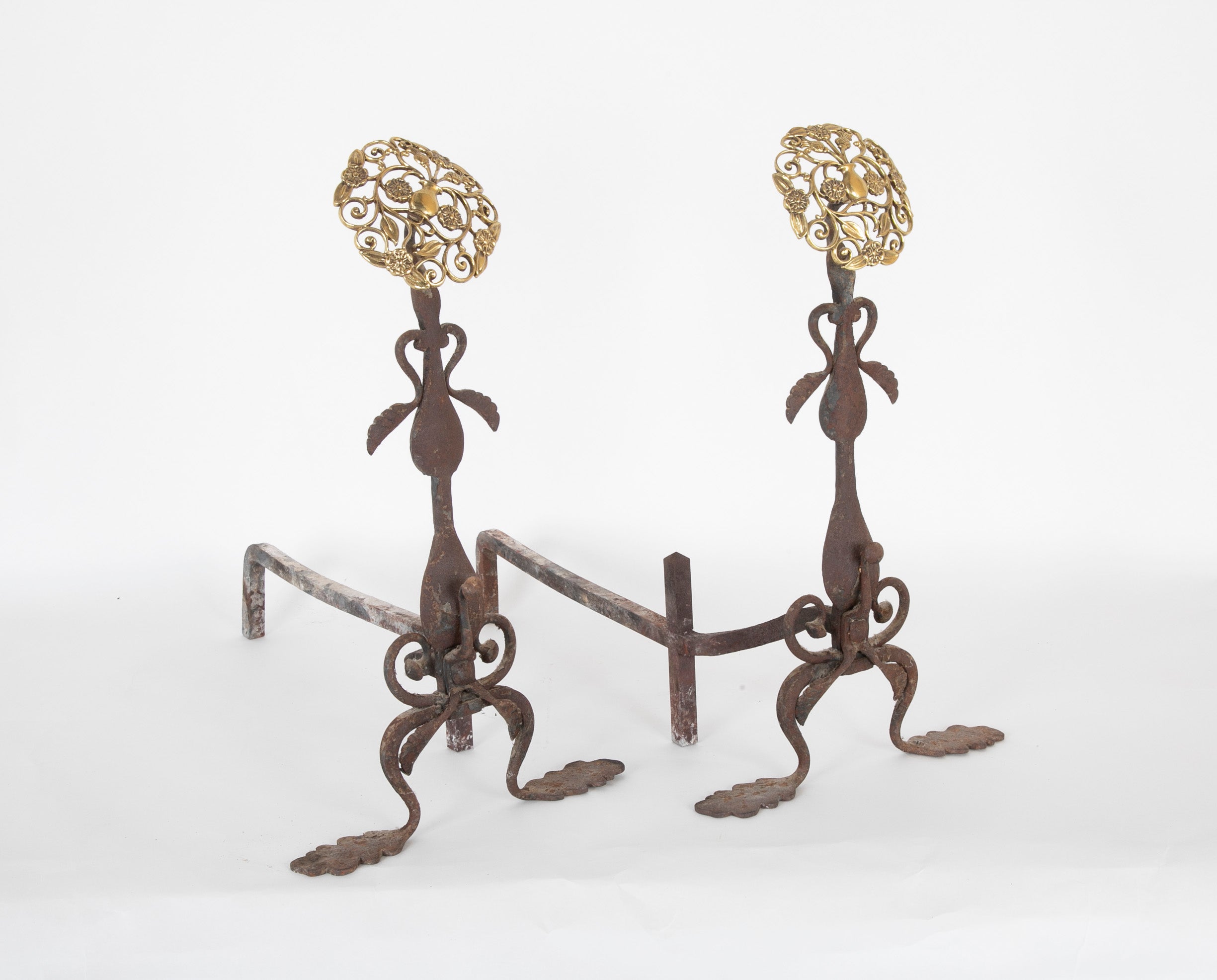 Pair of Brass & Iron Andirons with Pierced Brass Medallions. Tools