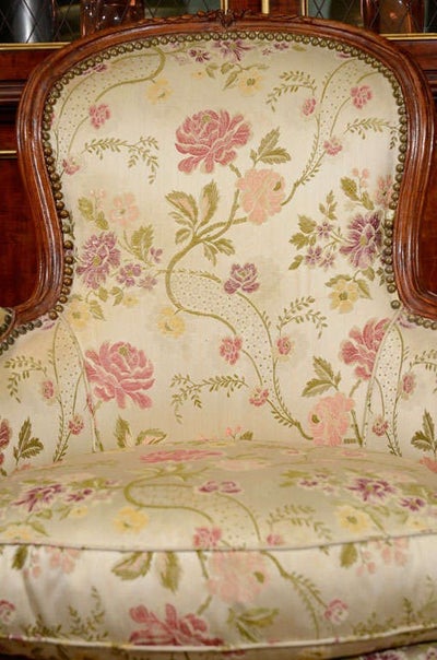 Pair of Antique Louis XV Bergere Chairs Upholstered in Silk